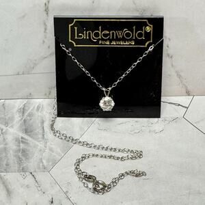 NOS Lindenwold Necklace Sterling Silver CZ Solitaire Pendant 16" Vintage On Card